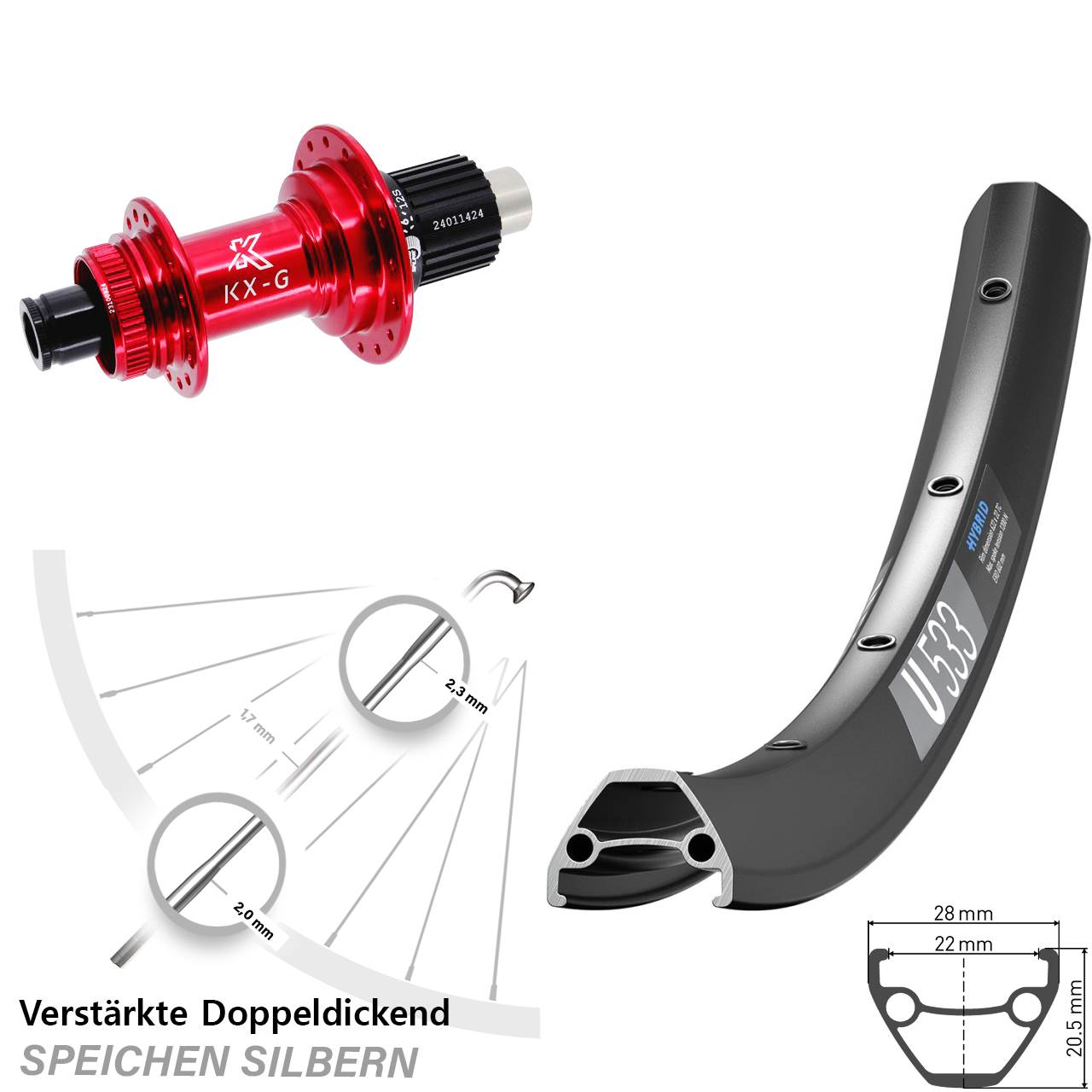 DT Swiss U533 KX-G rot 28-29 Zoll Centerlock Hinterrad 12x142 Shimano Micro Spline