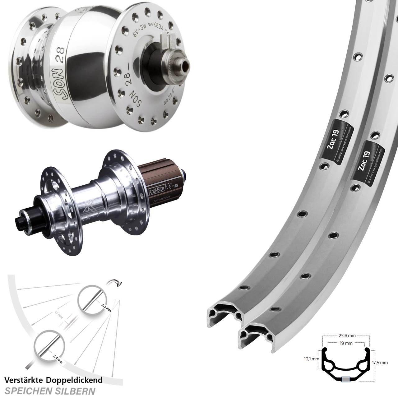 Ryde Zac 19 KX-T SON 28 poliert 26 Zoll Laufradsatz für Schnellspanner 8-12 fach