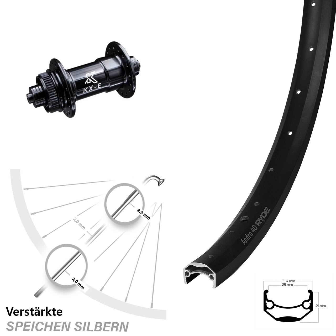 Centerlock Vorderrad 20 Zoll Ryde Andra 40 KX-E Heavy Duty QR
