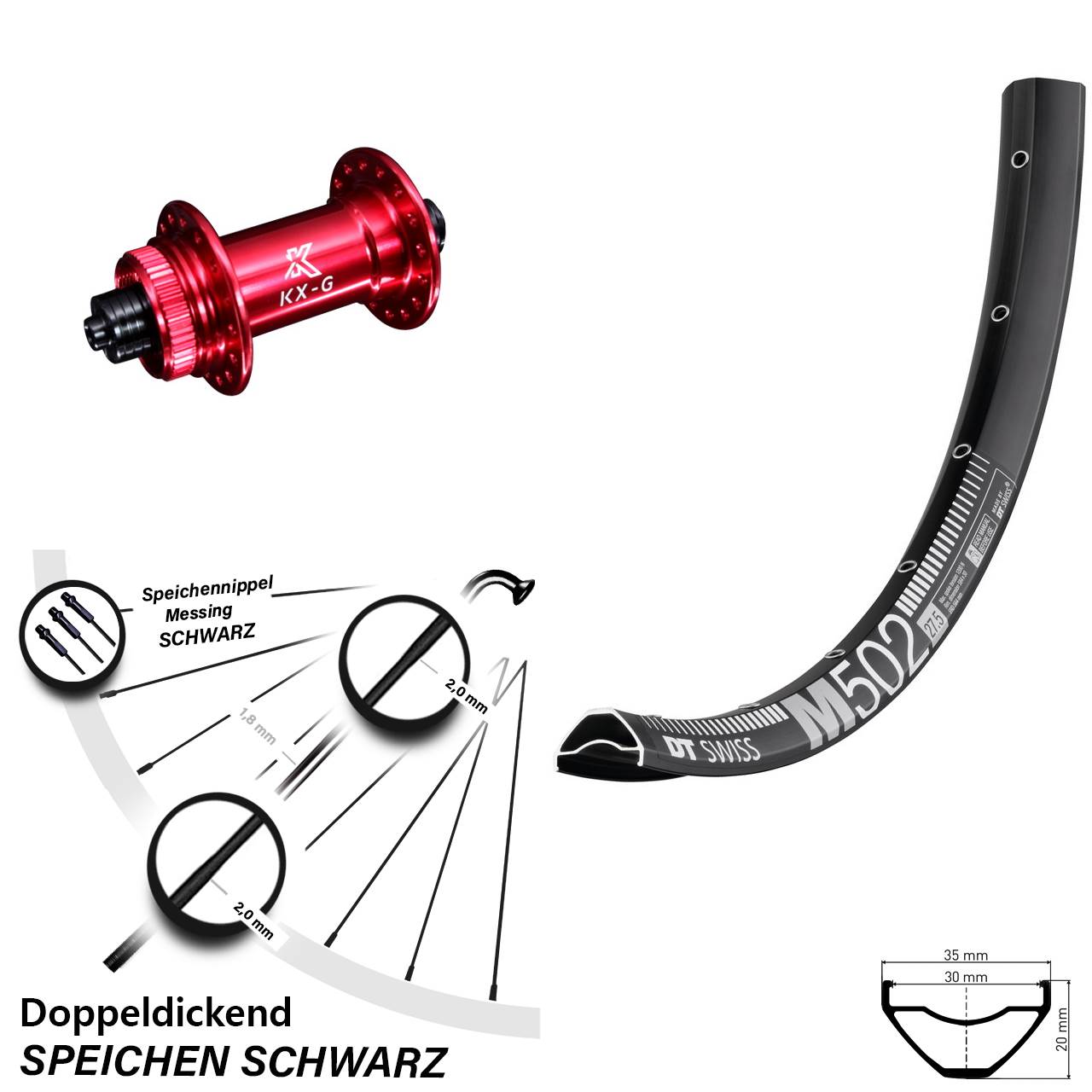 DT Swiss M502 KX-G rot 27,5 Zoll Disc Laufrad für Schnellspanner