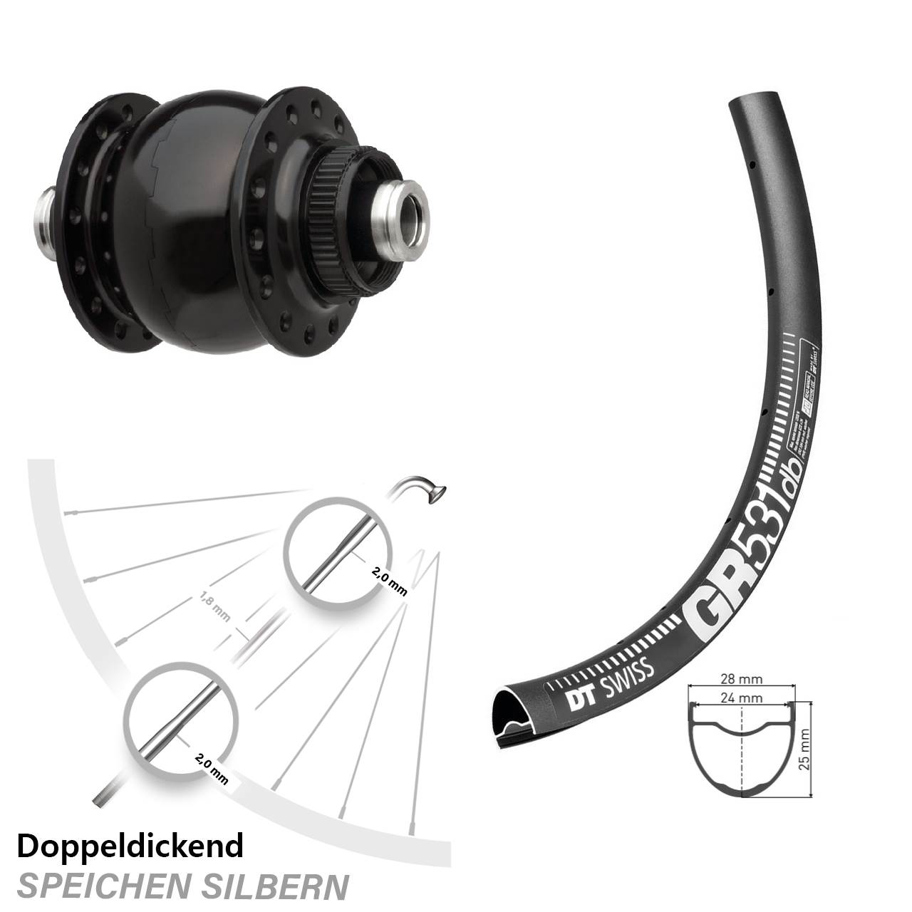 Vorderrad mit Nabendynamo DT Swiss GR531 DB SON 28 Zoll Centerlock