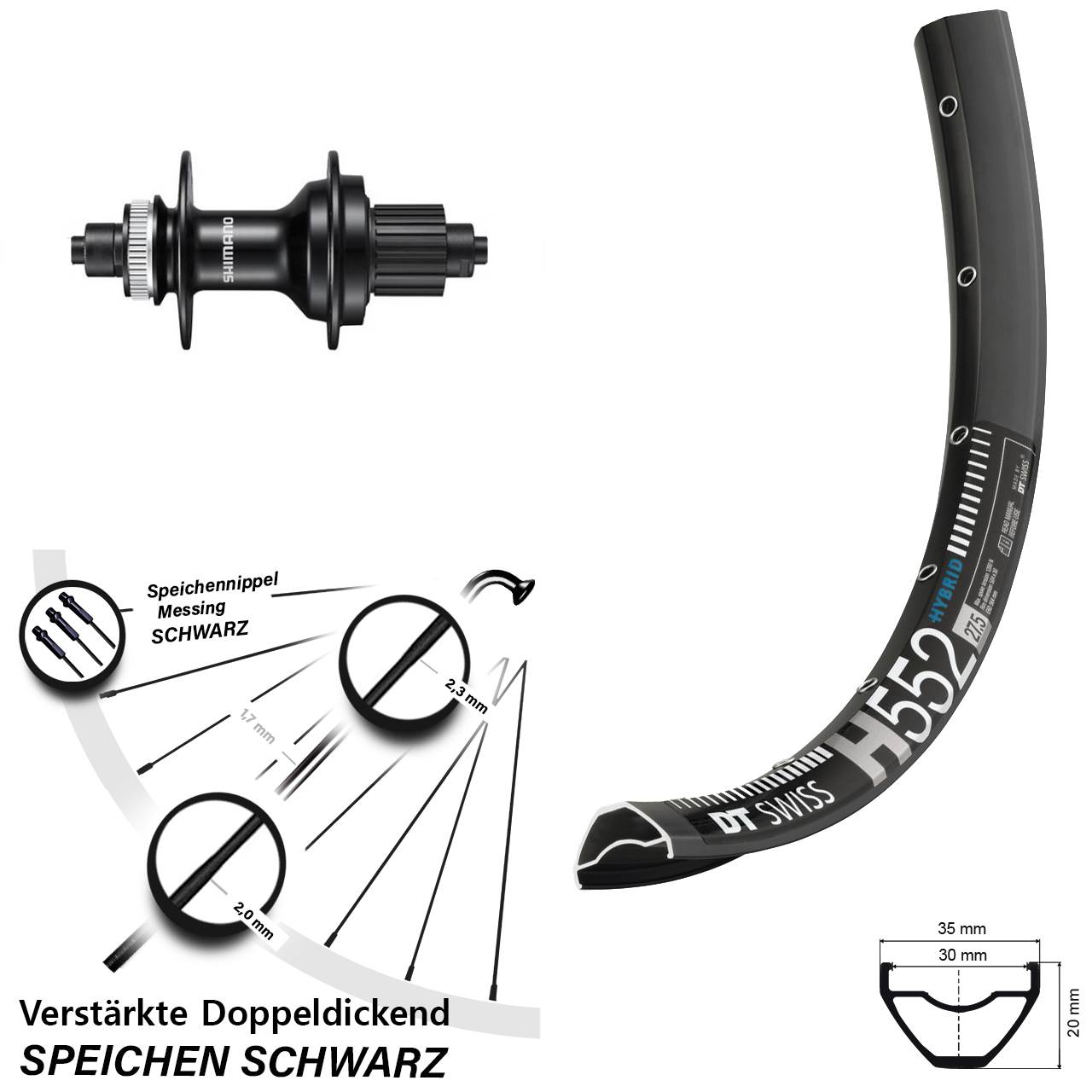 DT Swiss H552 Shimano MT500 27,5 Zoll Disc Hinterrad für Schnellspanner Micro Spline