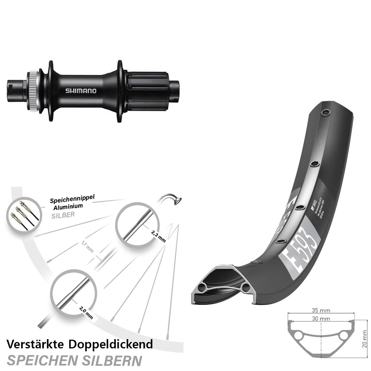 DT Swiss E593 Shimano FH-MT400 29 Zoll Disc Laufrad 12x142 8-11 fach HG