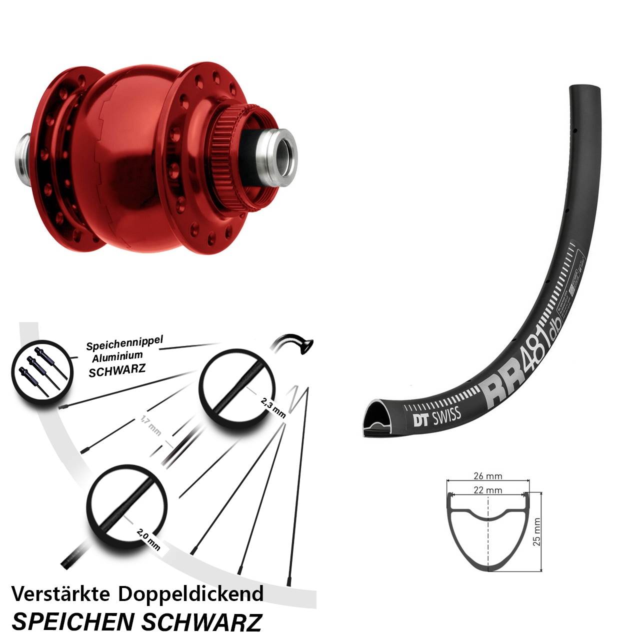 Vorderrad Gravel 12x100 mm Son Dynamo rot eloxiert 28 Zoll DT Swiss RR 481 Centerlock