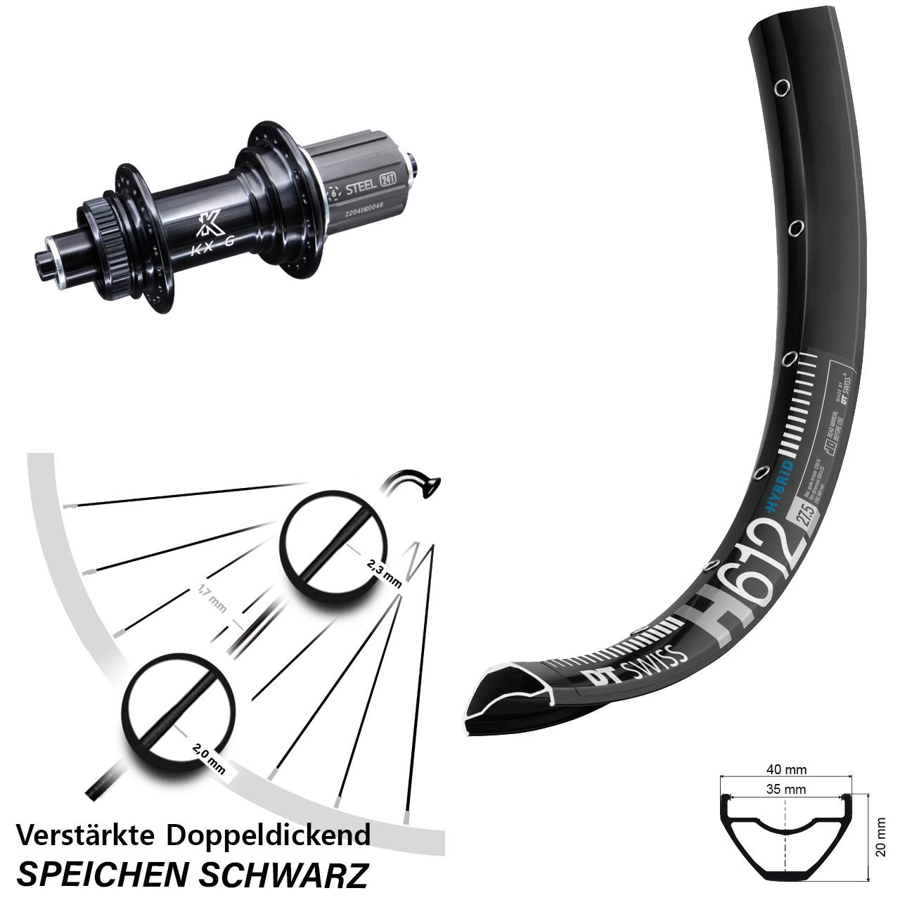 Centerlock Hinterrad 27,5 Zoll DT Swiss H612 KX-GS 8-12 fach für Schnellspanner