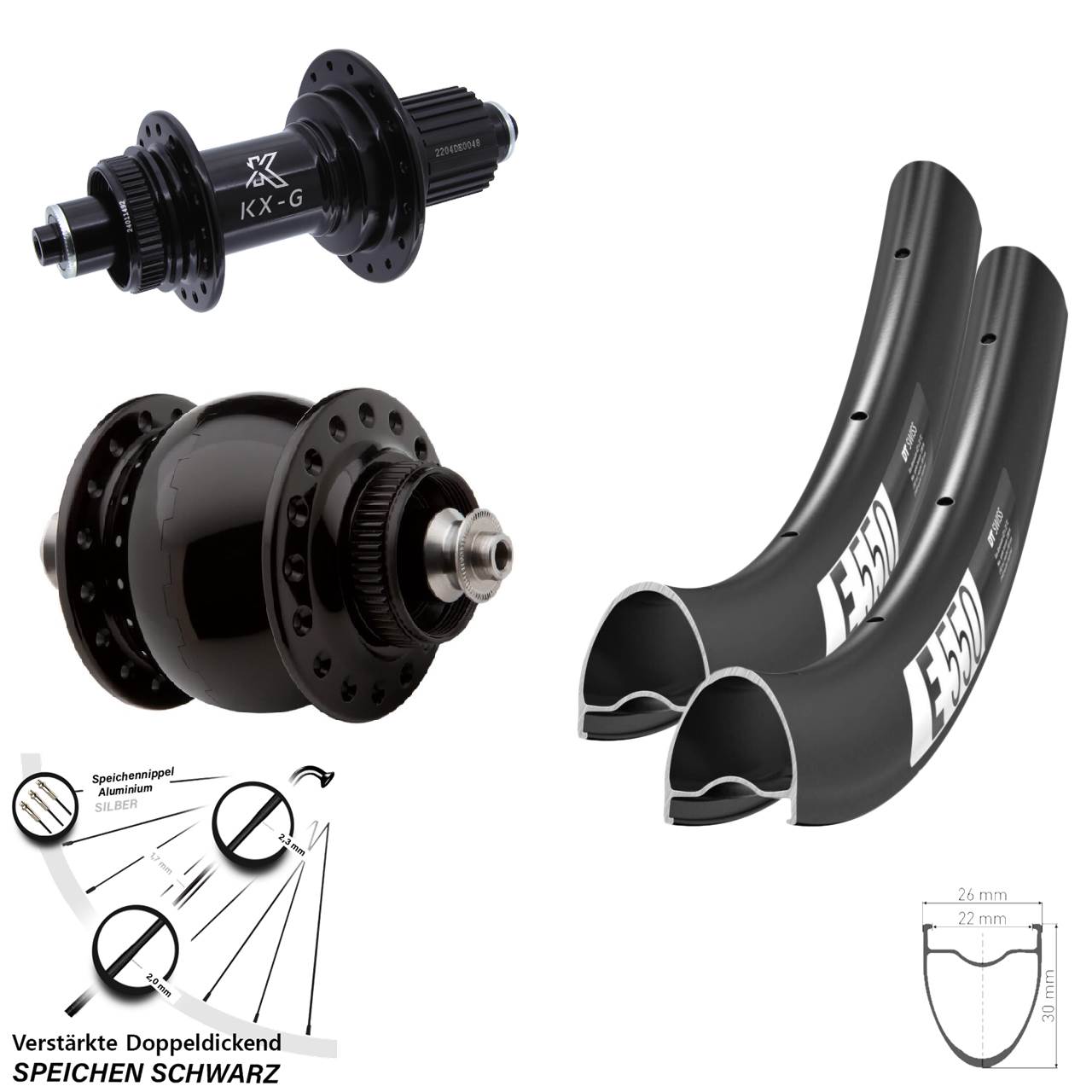 Laufradsatz Disc 28 Zoll DT Swiss E550 KX-GS verstärkt SONdelux Shimano Micro Spline QR
