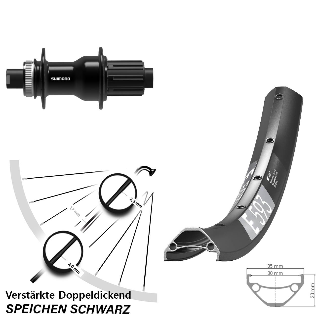 27,5 Zoll DT Swiss E593 Shimano FH-TC500-B Boost Disc Laufrad 12x148 8-11 fach HG