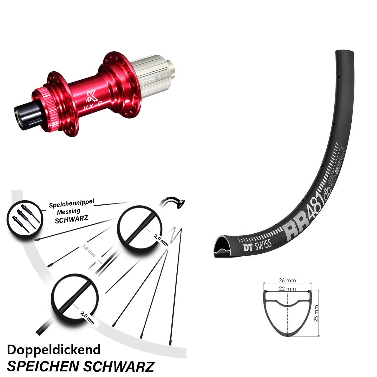 28 Zoll Hinterrad DT Swiss RR 481 DB mit KX-G 8-12 fach Nabe rot-eloxiert
