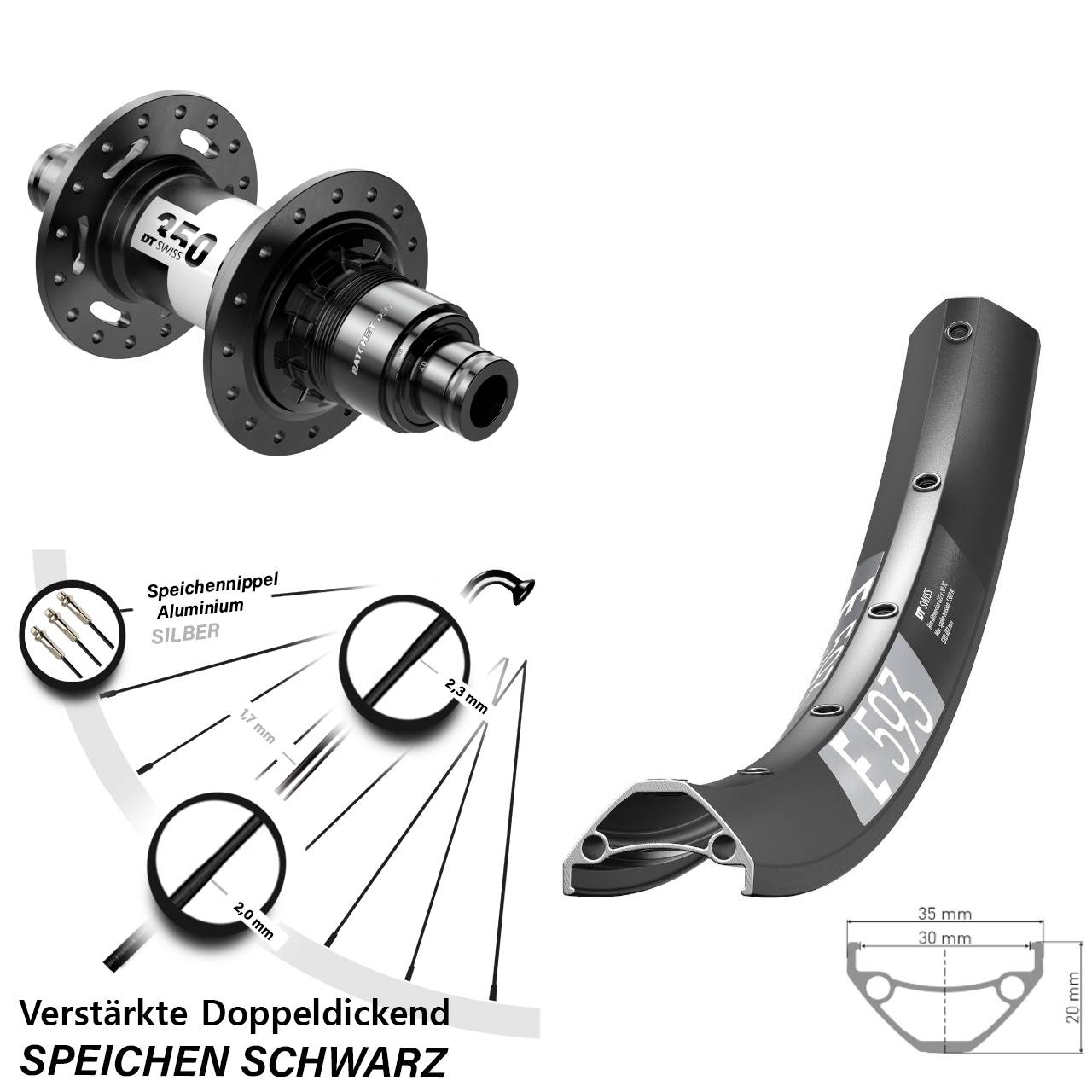 29 Zoll DT Swiss E593-350 DEG 72 Disc Laufrad 12x148 XD 11-12 fach