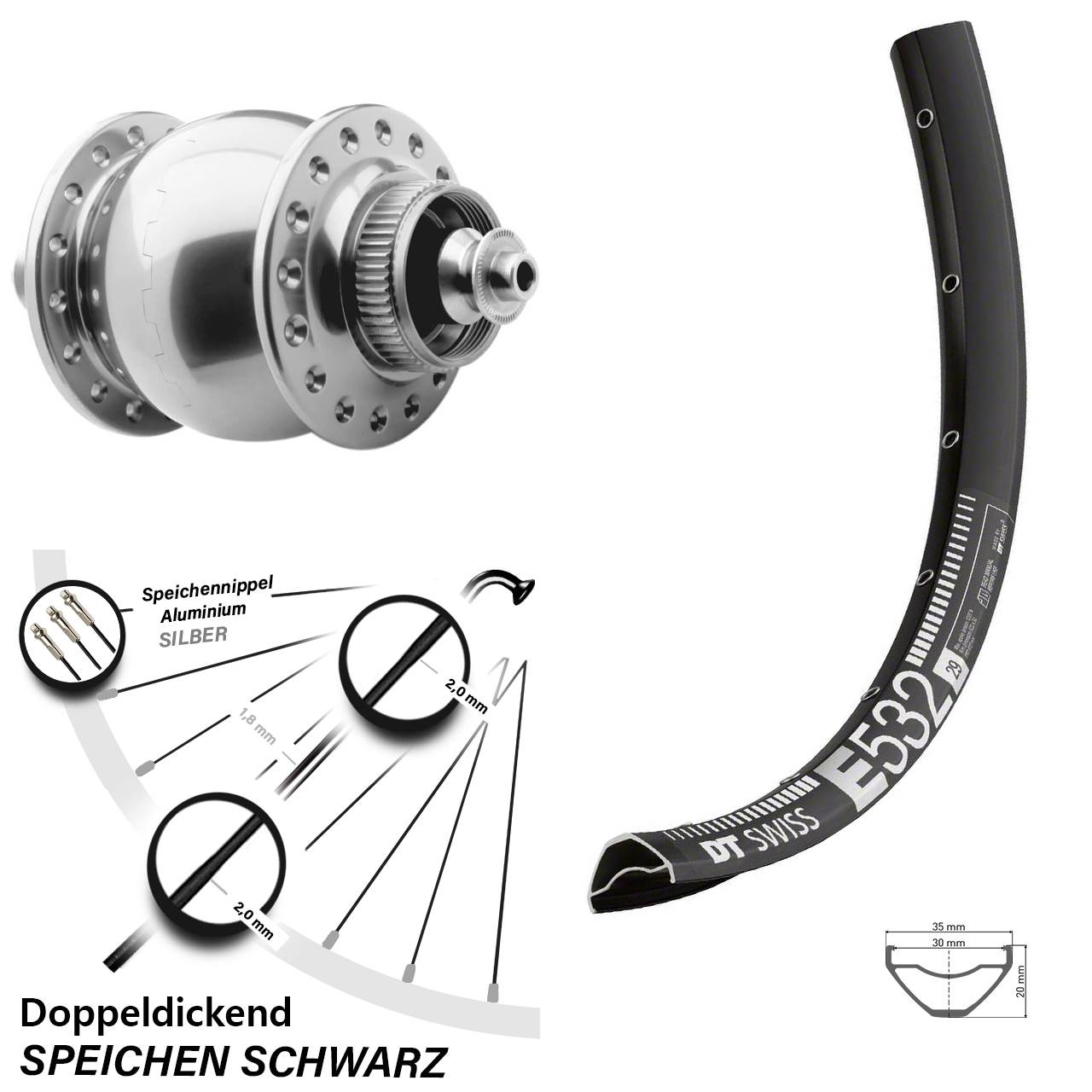Disc Nabendynamovorderrad 27,5 Zoll DT Swiss E 532 SON 28 silbern für Schnellspanner