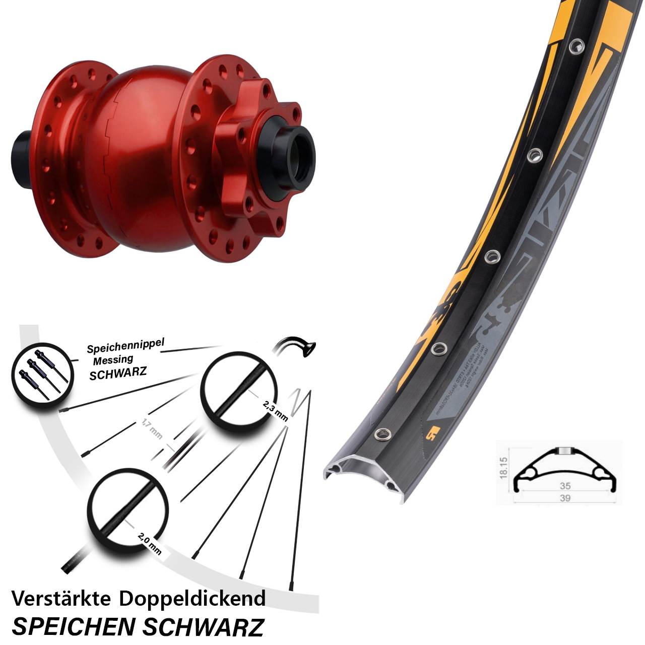 27,5 Zoll Rodi TRYP 35 SON 28 rot Disc Nabendynamolaufrad 15x110 Boost