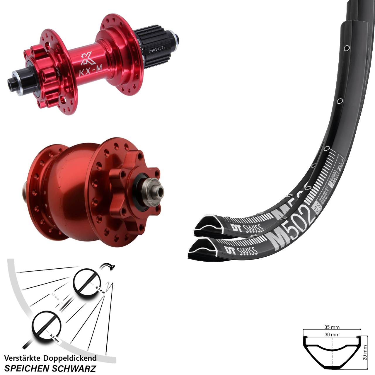 27,5 Zoll DT Swiss M 502 KX-M Micro Spline SON 28 Laufradsatz 6-Loch für Schnellspanner