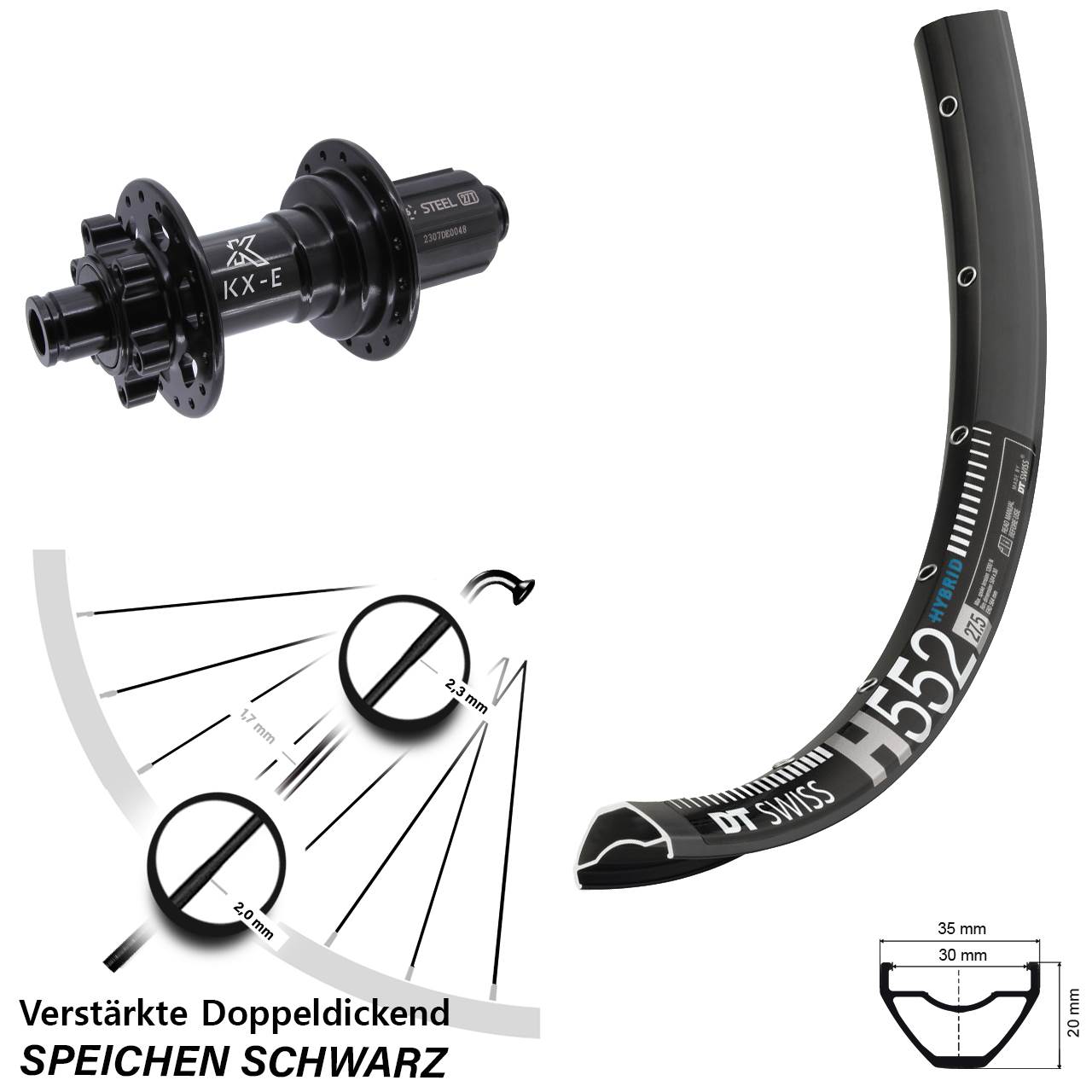 Boost Hinterrad 6-Loch 12x148 29 Zoll DT Swiss H 552 KX-E Stahl Freilauf 8-12 fach