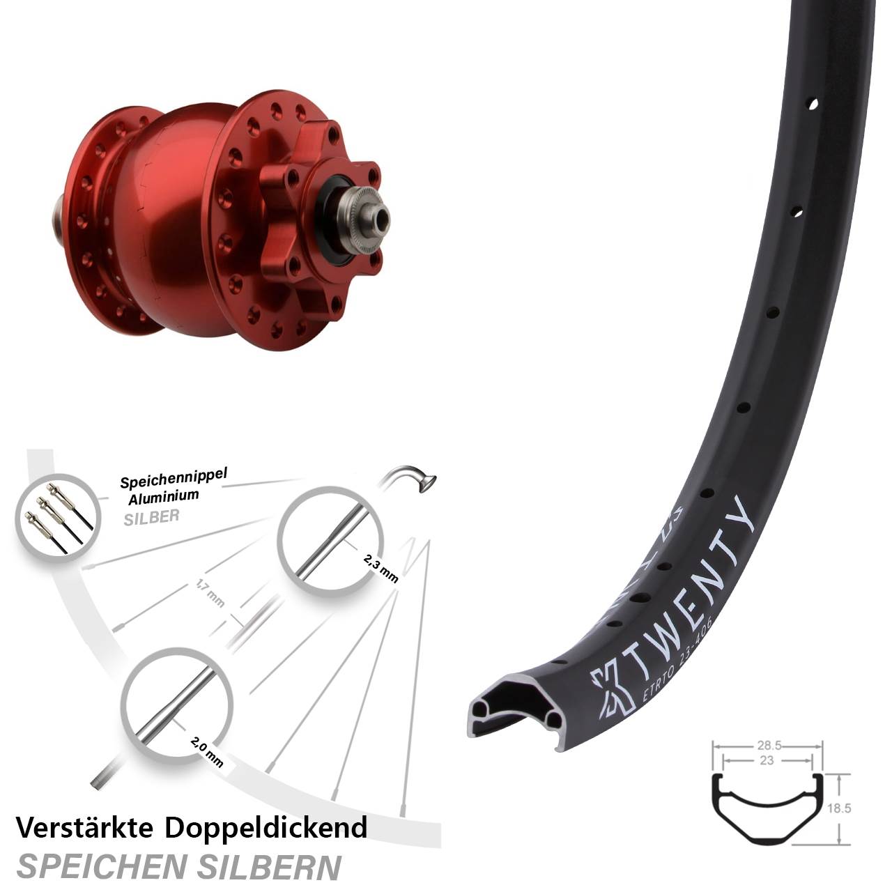 20 Zoll Vorderrad SON 28 Nabendynamo rot KX Twenty Cargo light 6-Loch