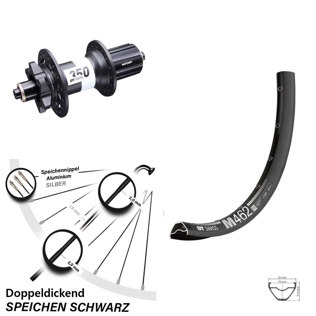 27,5 Zoll Hinterrad M 462 DT Swiss 350 5x135 mm 6-Loch 8-11 fach