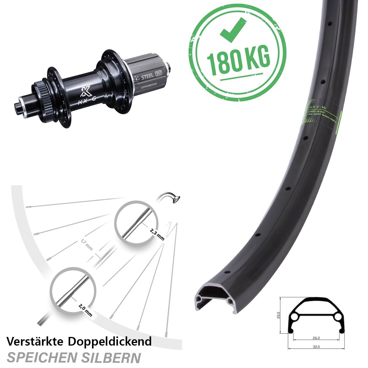Lastenrad E-Bike KX-GS Evo Hinterrad 20 Zoll 8-12 fach für Schnellspanner Centerlock