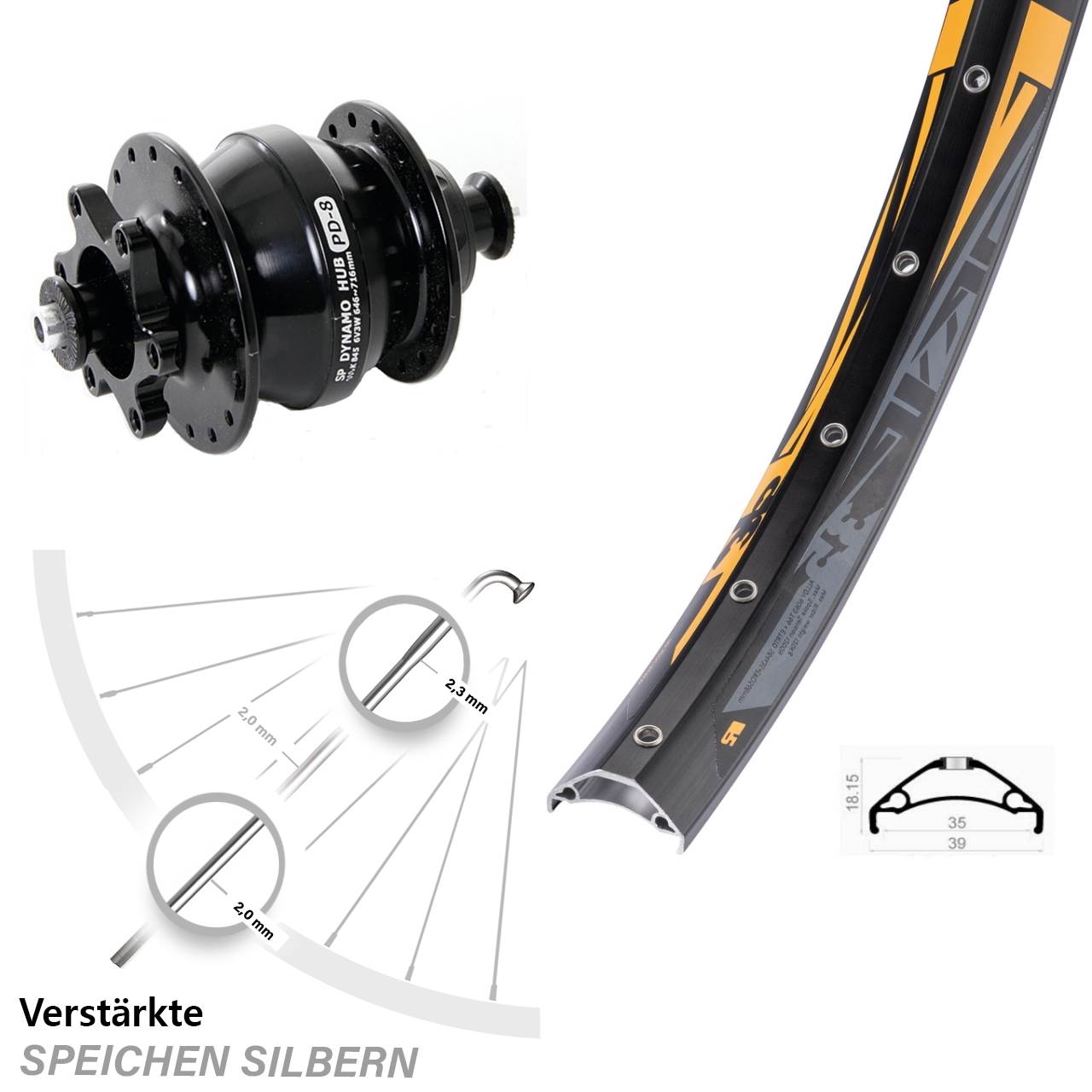 Disc Nabendynamolaufrad QR 27,5 Zoll Rodi TRYP 35 Shutter Precision PD-8