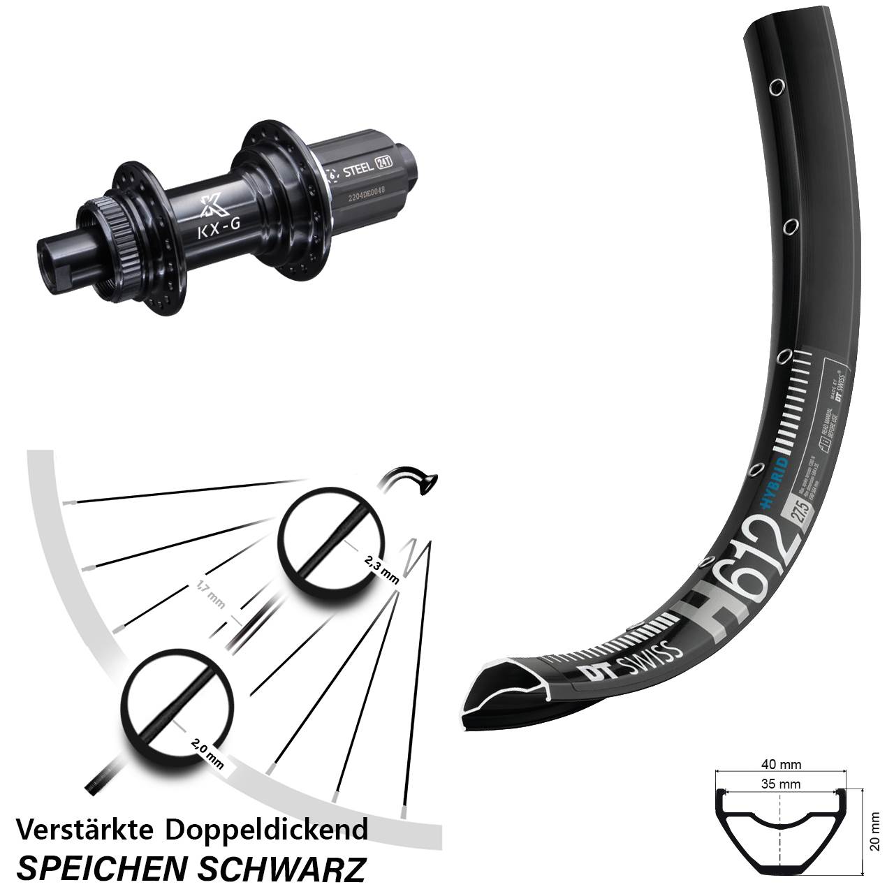 27,5 Zoll DT Swiss H 612 KX-GS verstärkt Centerlock Hinterrad 12x142 8-12 fach HG
