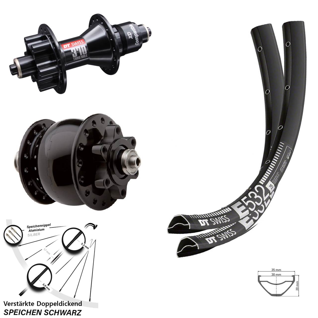 27,5 Zoll DT Swiss E 532 Disc Laufradsatz 5x100/135 370 3P XD SON 28