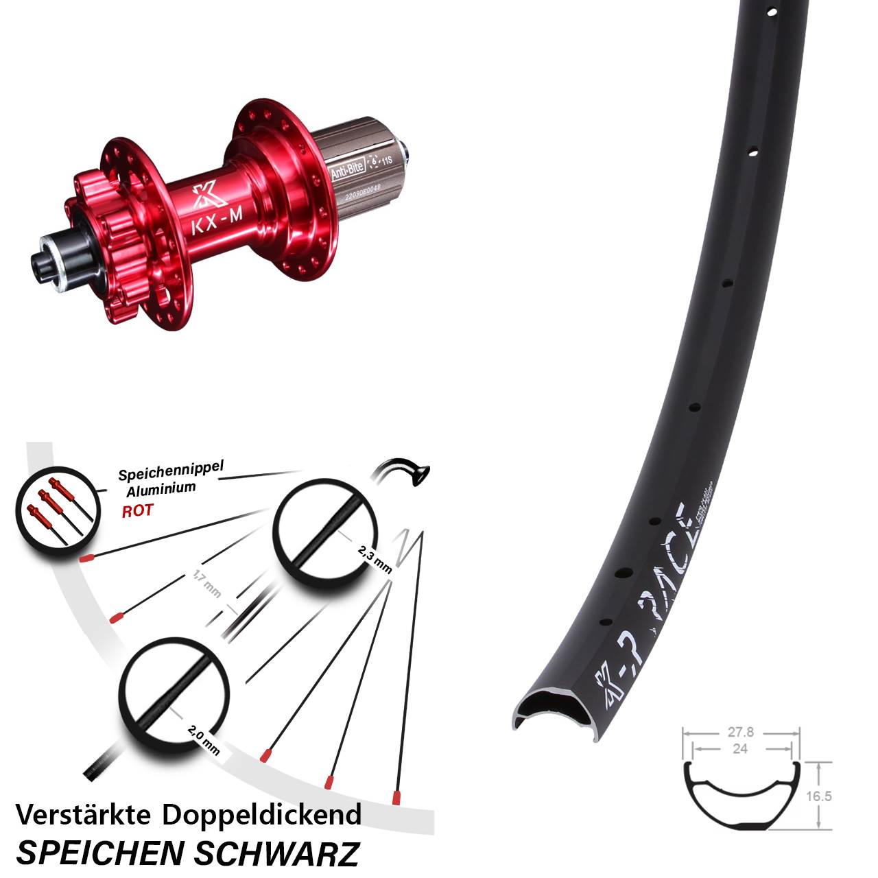 Disc Laufrad KX-R Race CC verstärkt rot 8-12 fach HG für Schnellspanner