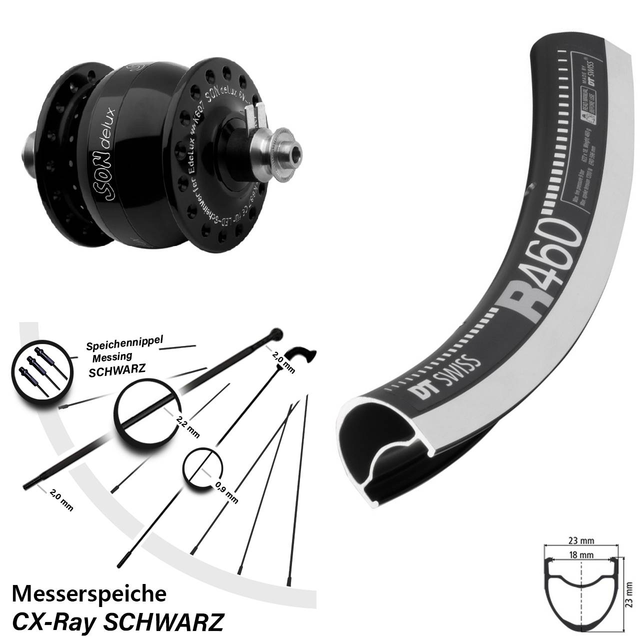 SON delux Rennrad Vorderrad 28 Zoll DT Swiss R 460 QR CX Ray