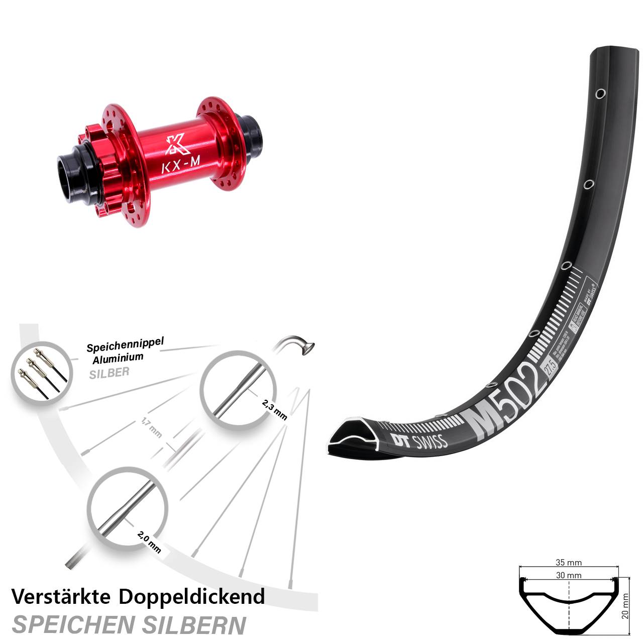 6-Loch Vorderrad 20x110 (DH alt) 29 Zoll DT Swiss M 502 KX-M rot