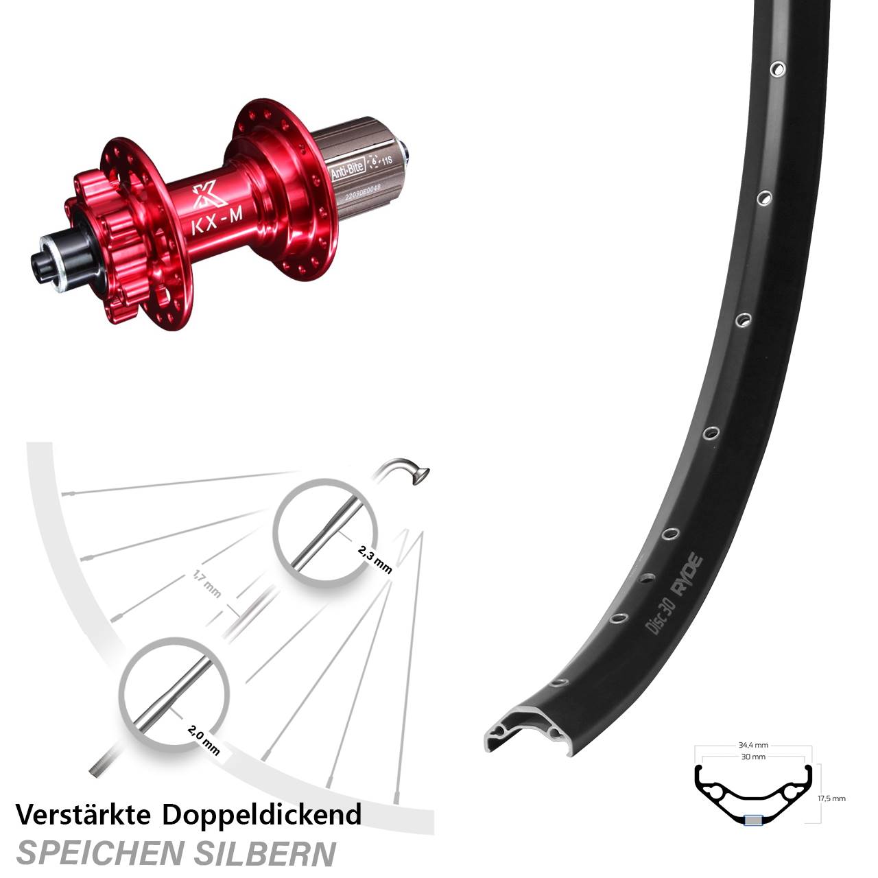 29 Zoll Ryde Disc 30 KX-M rot Laufrad QR 8-12 fach HG