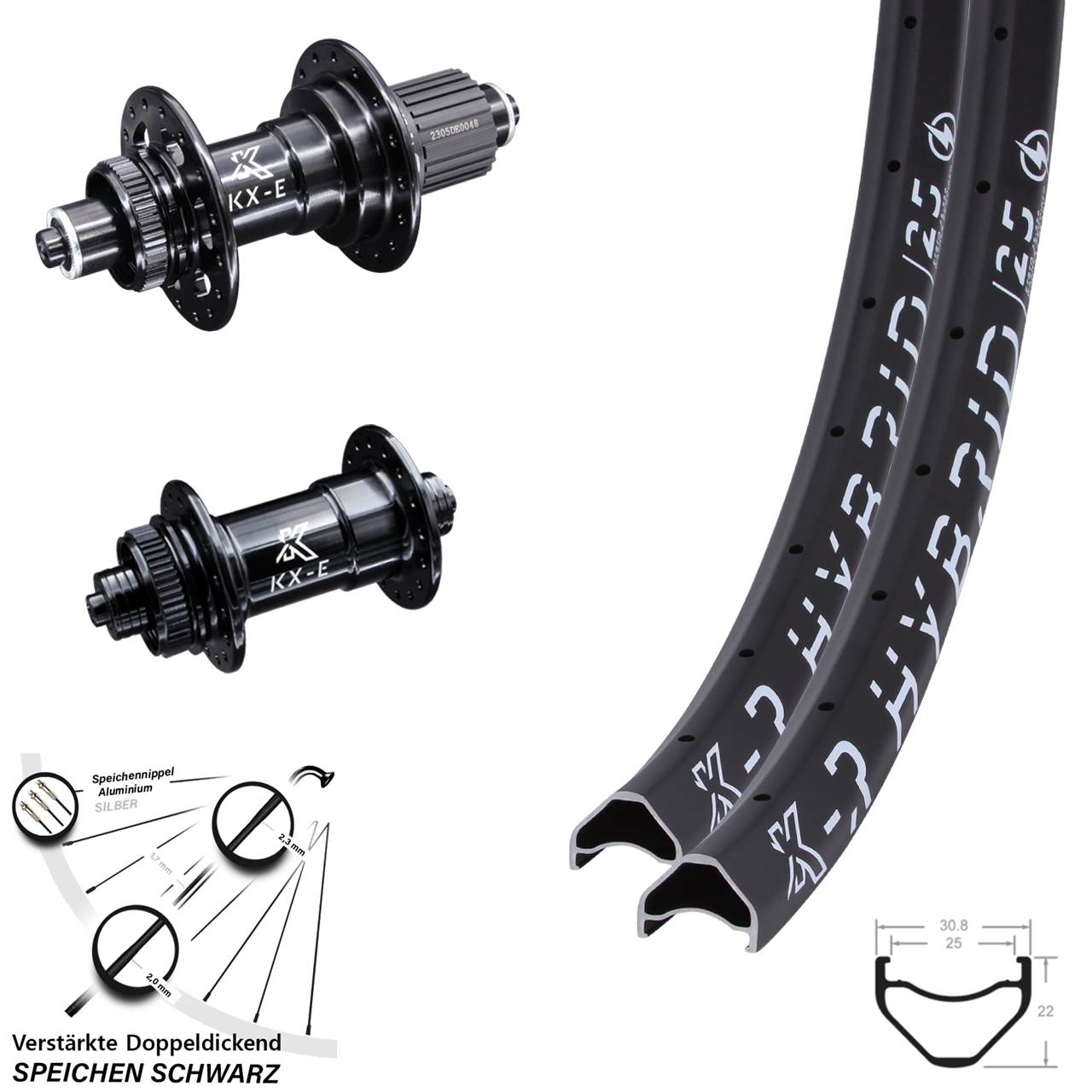 Centerl. Laufradsatz 28 Zoll KXR-E Hybrid 25 6 Kugellager Micro Spline für Schnellspanner