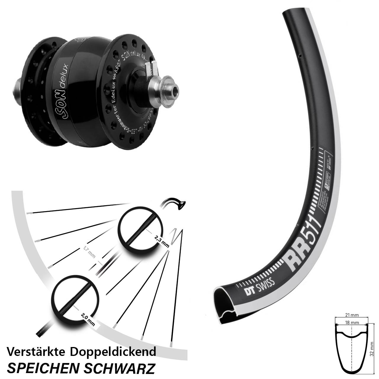 Vorderrad mit Nabendynamo 28 Zoll DT Swiss RR511 CNC SON delux für Schnellspanner