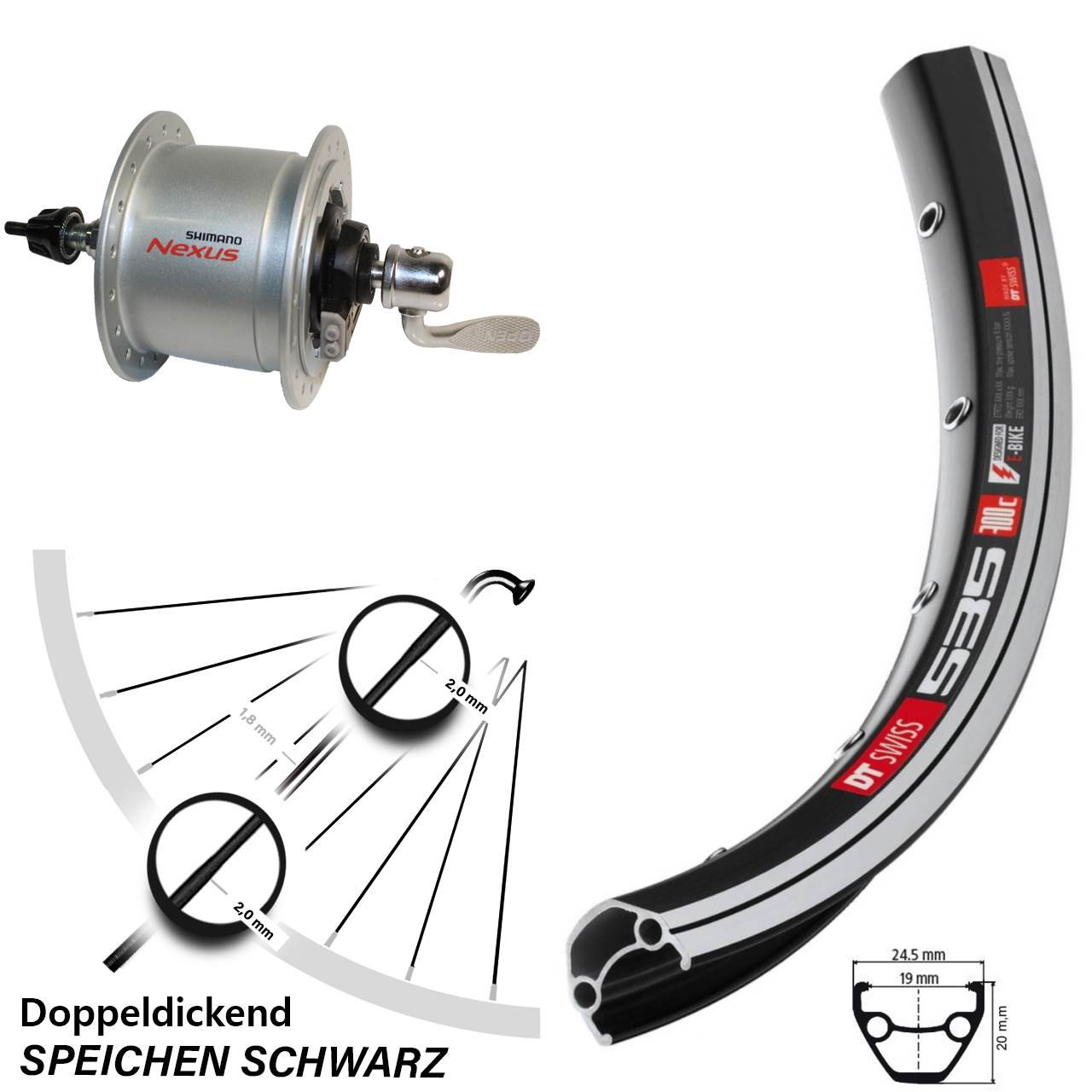 Nabendynamo-Vorderrad 28 Zoll DT Swiss 535 Shimano Nexus DH-C6000-3RQ QR