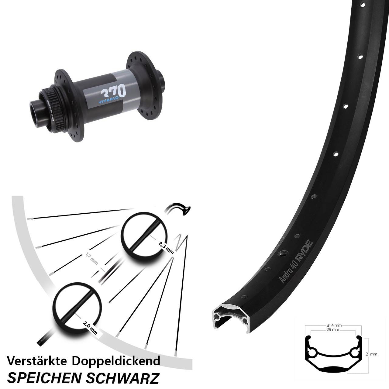 650B Ryde Andra 40 DT Swiss 370 Hybrid Centerlock Vorderrad 15x110 Boost