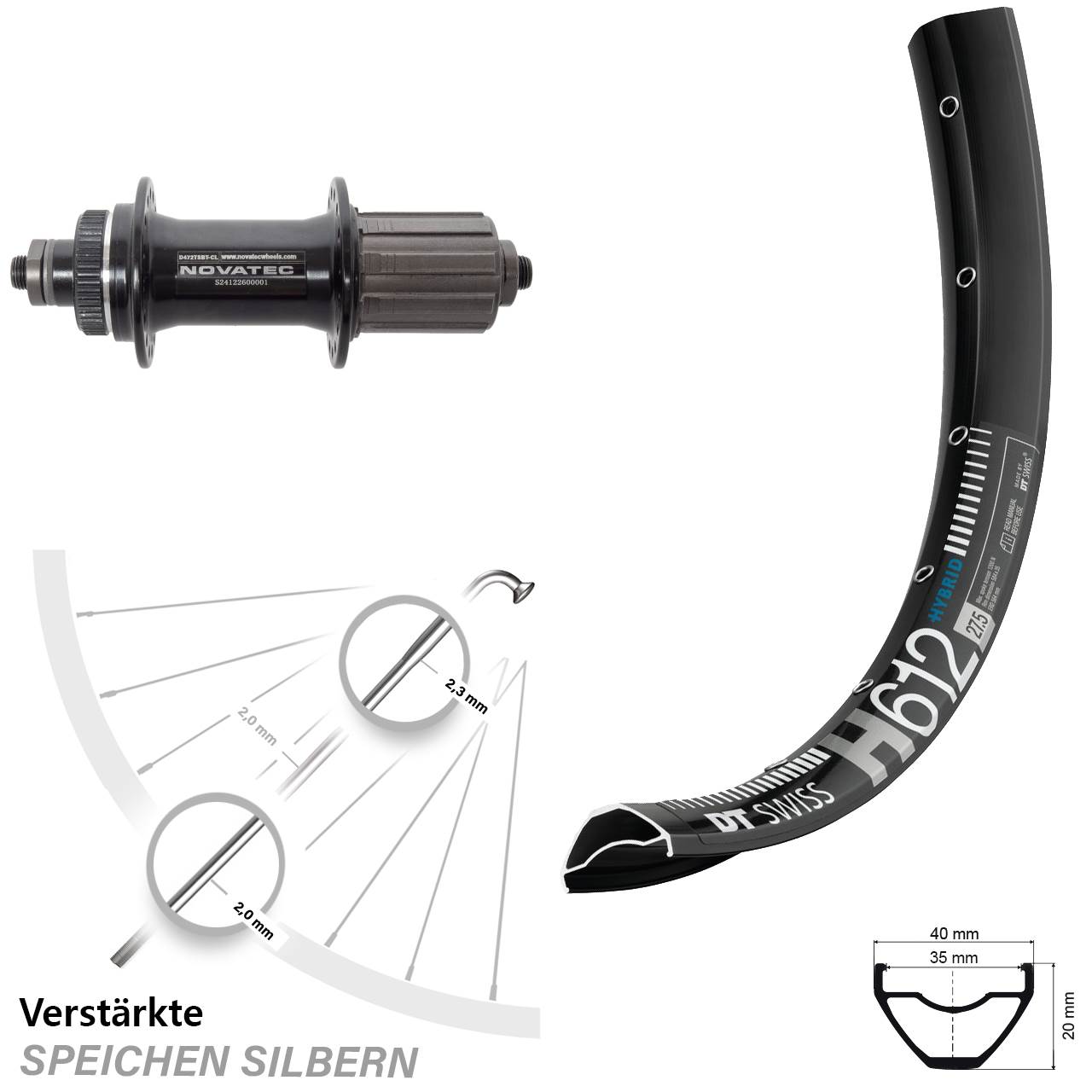 27,5 Zoll DT Swiss H 612 Novatec D472 Centerlock Hinterrad für Schnellspanner 8-12 fach
