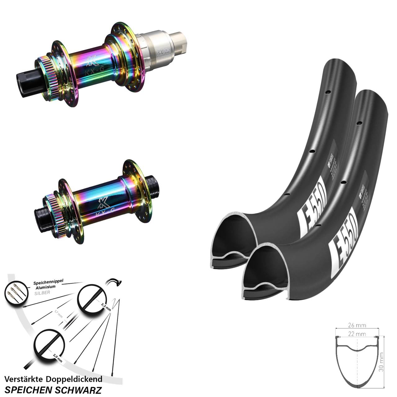 28 Zoll DT Swiss E550 KX-G Oilslick Centerlock Laufradsatz 12x100/142 SRAM XDR