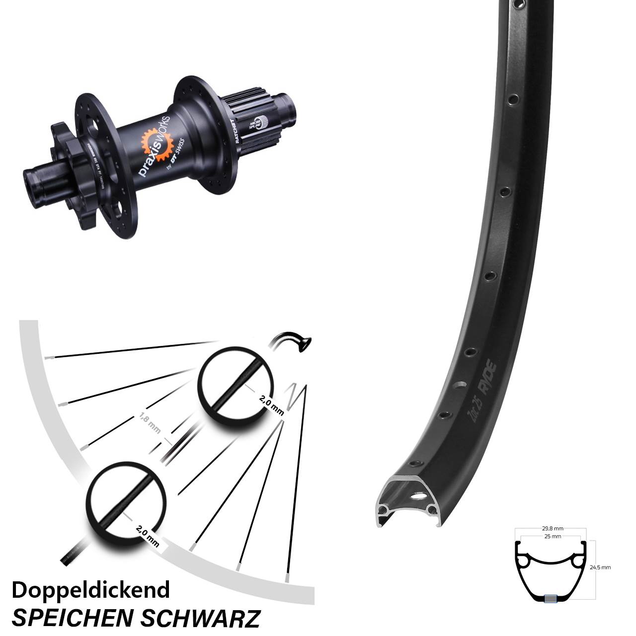 Hinterrad 28-29 Zoll Ryde ZAC 25 DT Swiss 350 SL 12x142 6-Loch Micro Spline