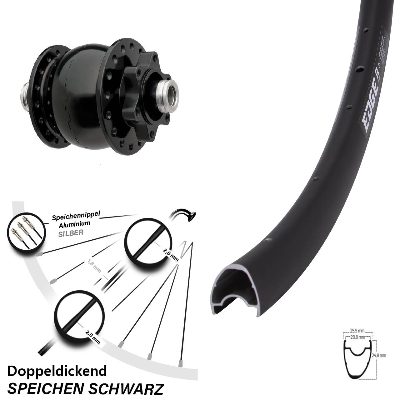 Vorderrad Nabendynamo SON 28 Zoll Ryde Edge R25 OS 6-Loch Disc 24 Speichen 12x100 mm