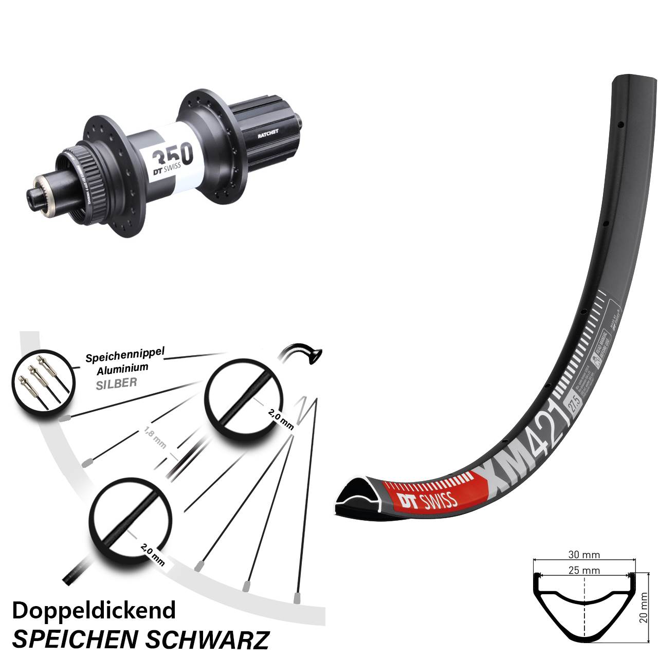 650B DT Swiss XM421-350 Centerlock Hinterrad für Schnellspanner 11-12 fach