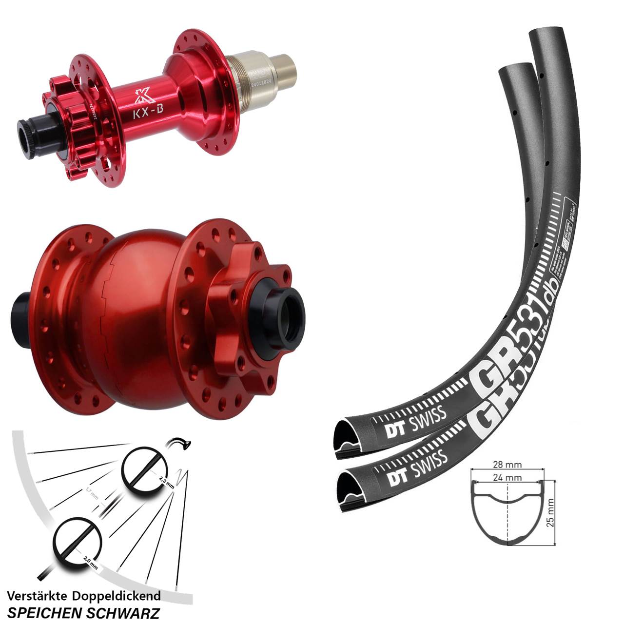 27,5 Zoll DT Swiss GR 531 KX-B rot SON 28 Laufradsatz 6-Loch 15x110 12x148 SRAM XD