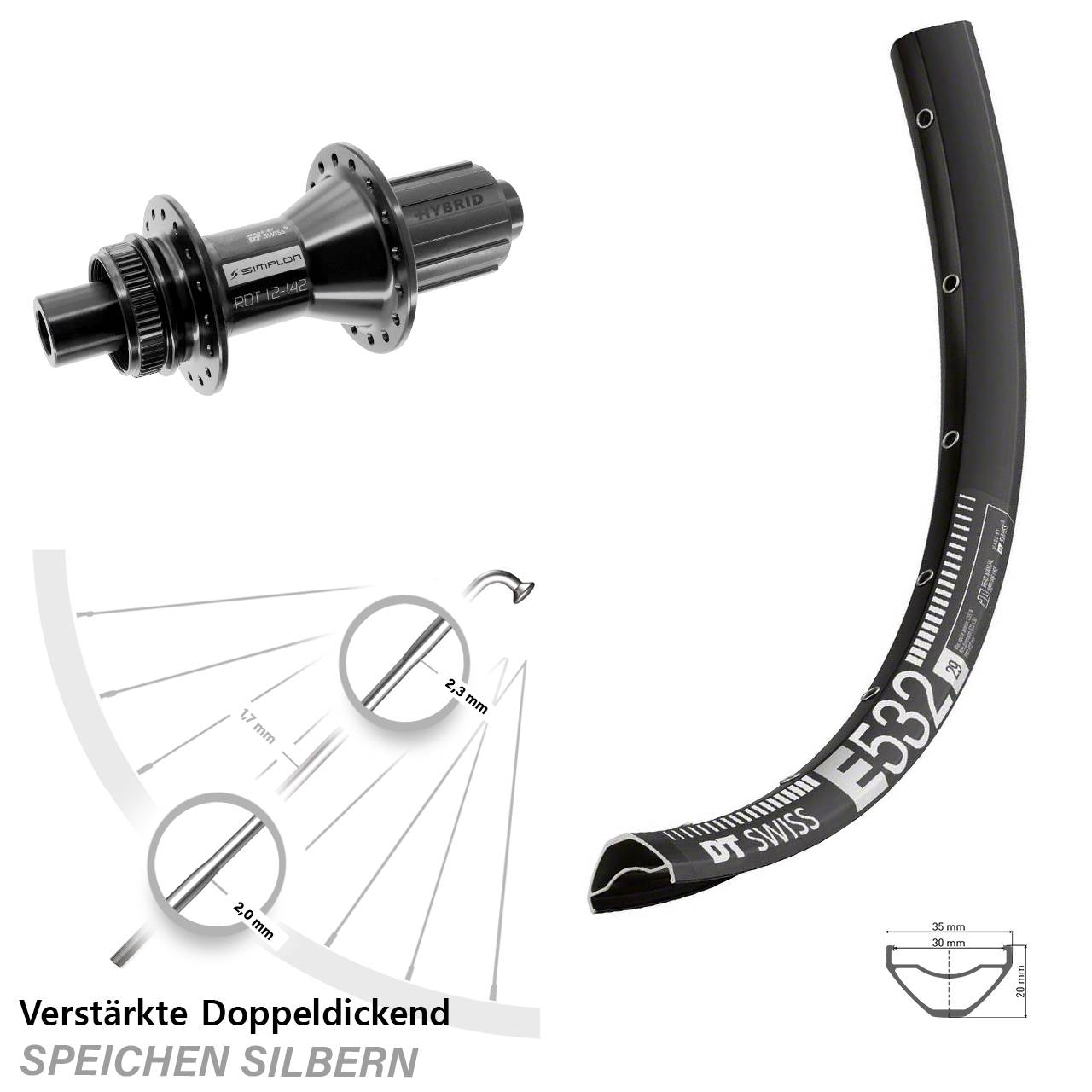 29 Zoll DT Swiss E 532-370 Hybrid Hinterrad Centerlock 12x142 8-11 fach HG