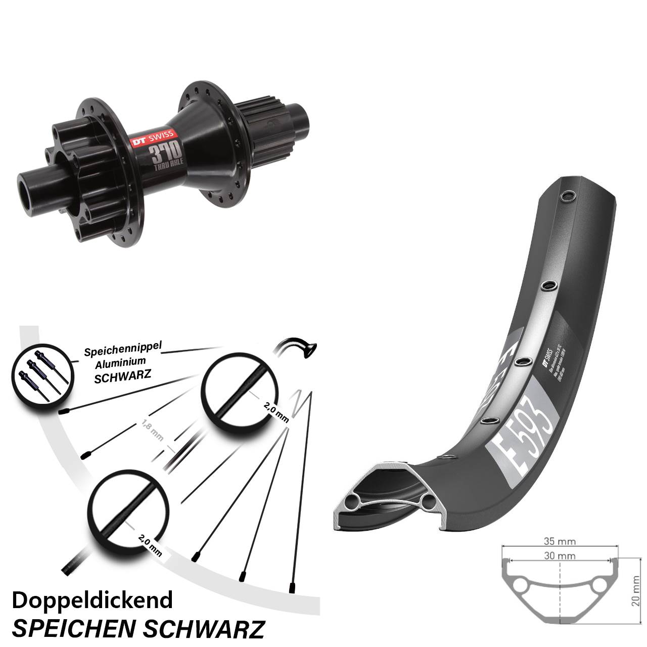 DT Swiss E 593-370 Hybrid 27,5 Zoll Hinterrad 6-Loch 12x142 Micro Spline