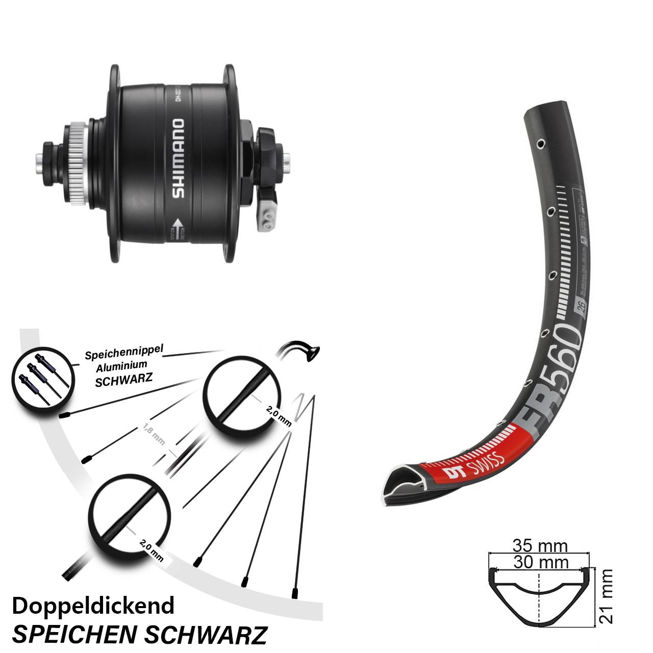 26 Zoll DT Swiss FR 560 Shimano DH-3D37 Disc Nabendynamovorderrad für Schnellspanner
