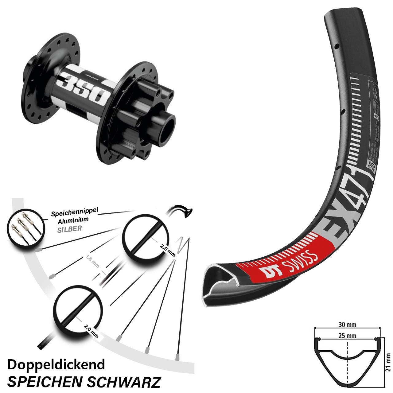 MTB Vorderrad 29 Zoll DT Swiss EX 471 350 Boost 6-Loch schwarz