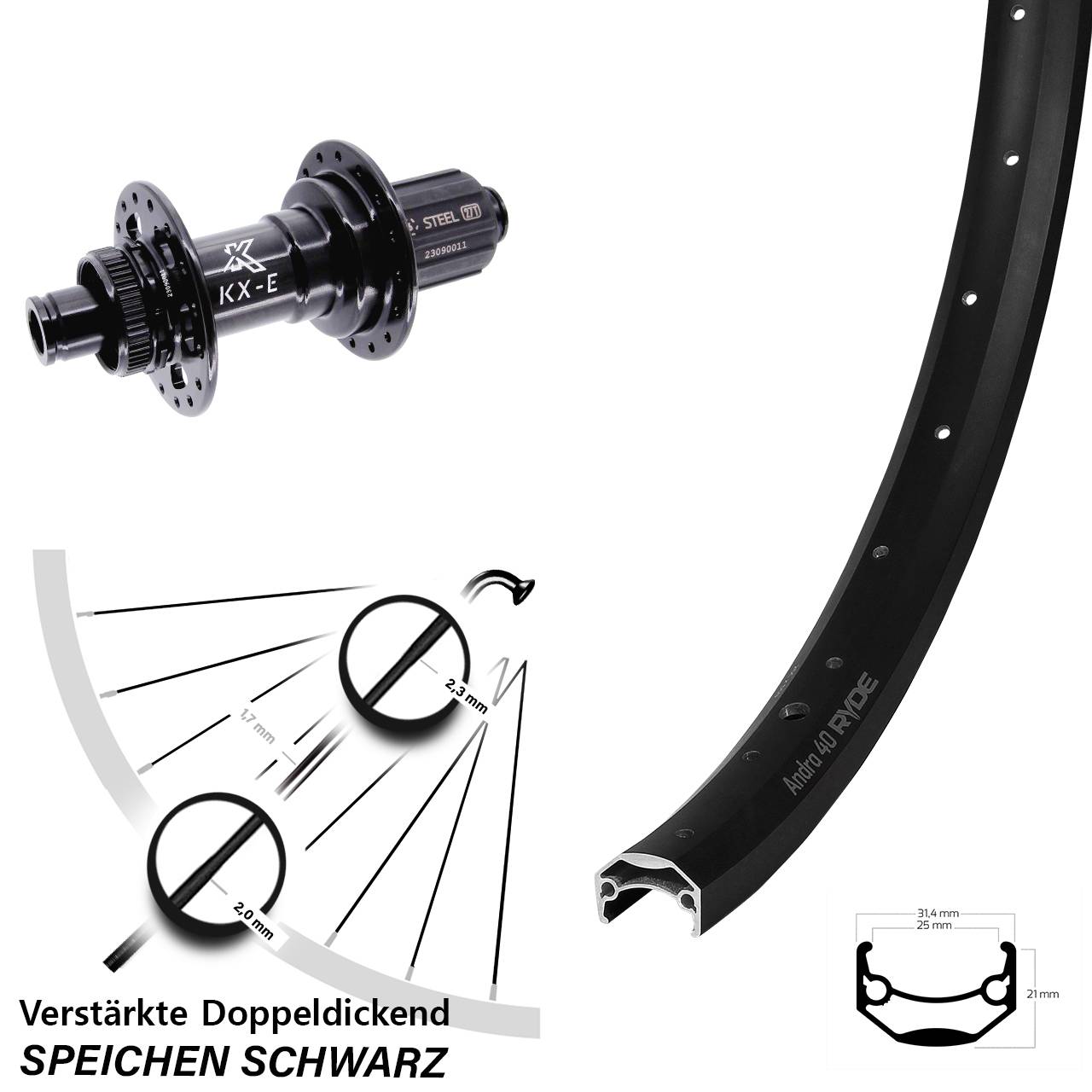 Disc Hinterrad 28-29 Zoll Ryde Andra 40 KX-E Heavy Duty 8-12 fach 12x148 Boost