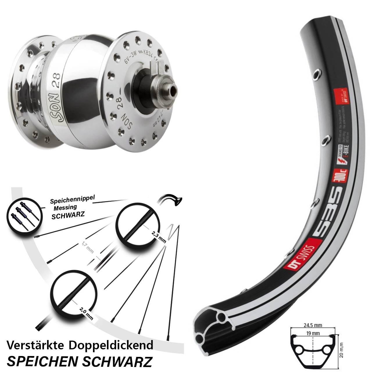 Nabendynamovorderrad für Schnellspanner SON 28 Zoll DT Swiss 535 poliert