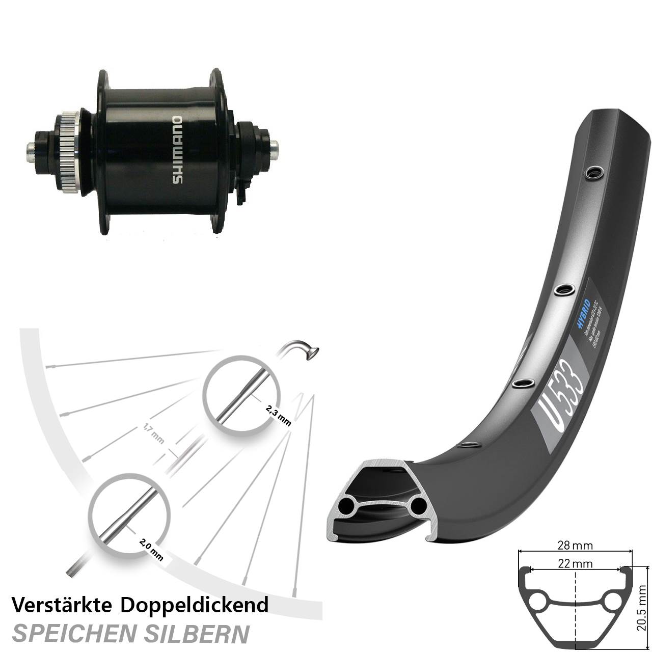 650B DT Swiss U533 Shimano DH-UR700 Disc Nabendynamovorderrad für Schnellspanner