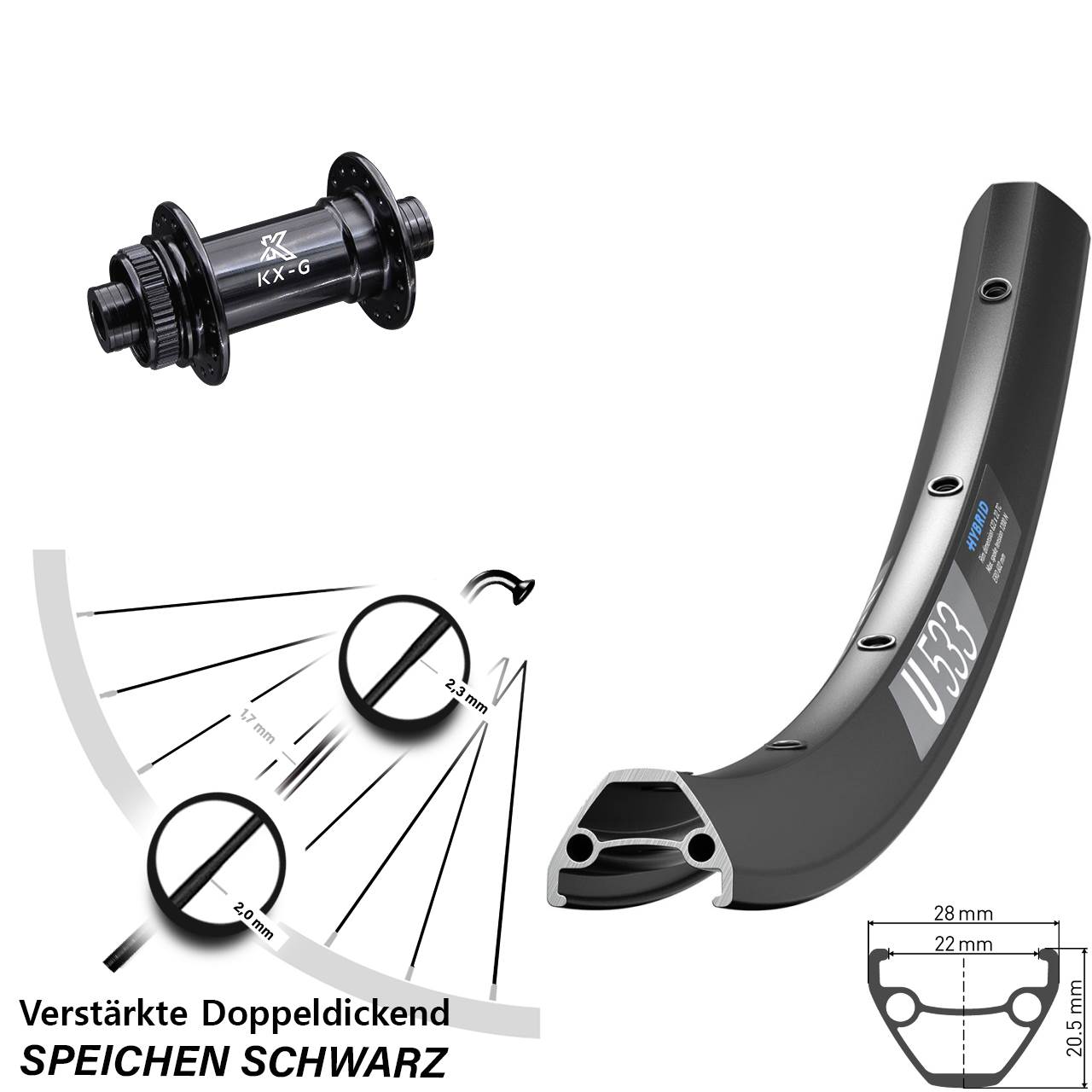 Centerlock Vorderrad 26 Zoll DT Swiss U533 KX-G 15x100