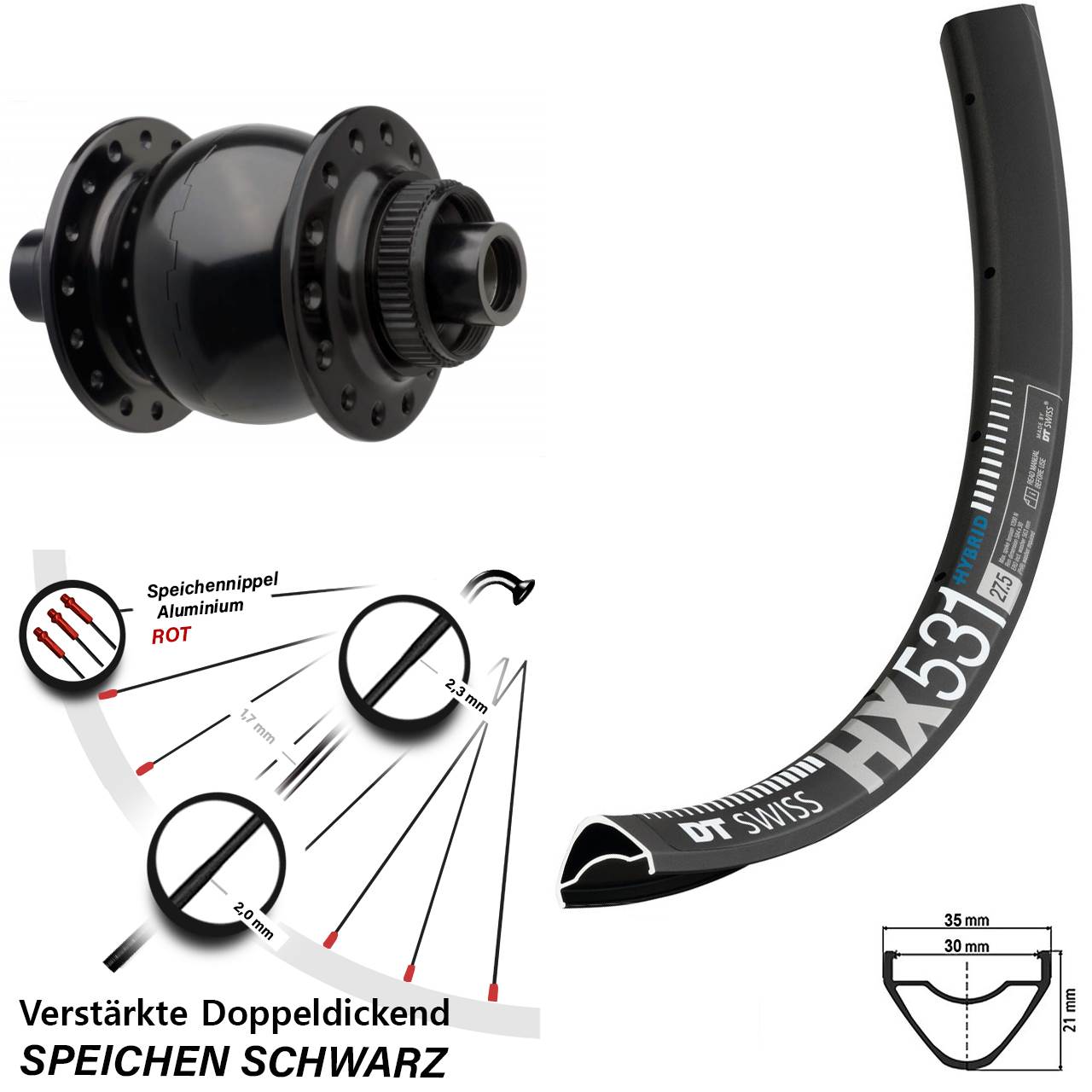 Disc Nabendynamo-Laufrad 29 Zoll DT Swiss HX531 SON 28 15x110 Boost