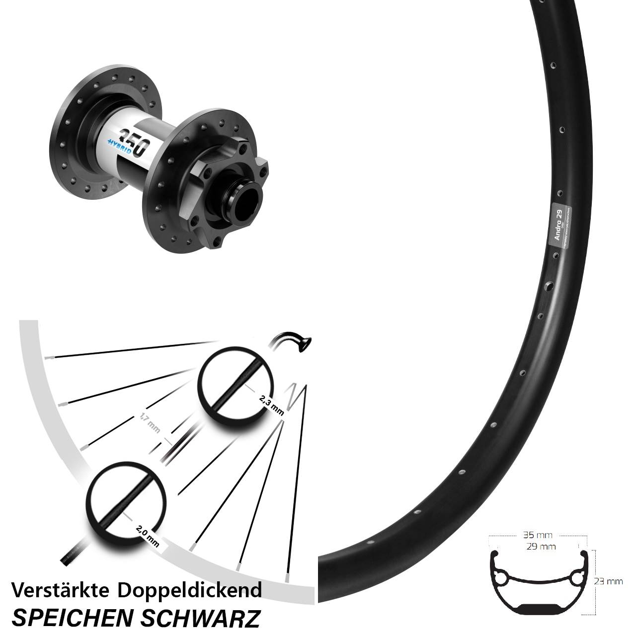 26 Zoll Ryde Andra 29 DT Swiss Hybrid 350 Vorderrad 6-Loch 15x100