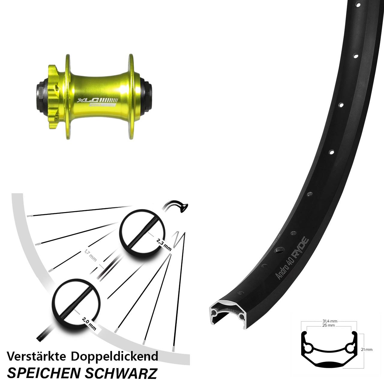 Disc Vorderrad 26 Zoll Ryde Andra 40 XLC grün 15x100
