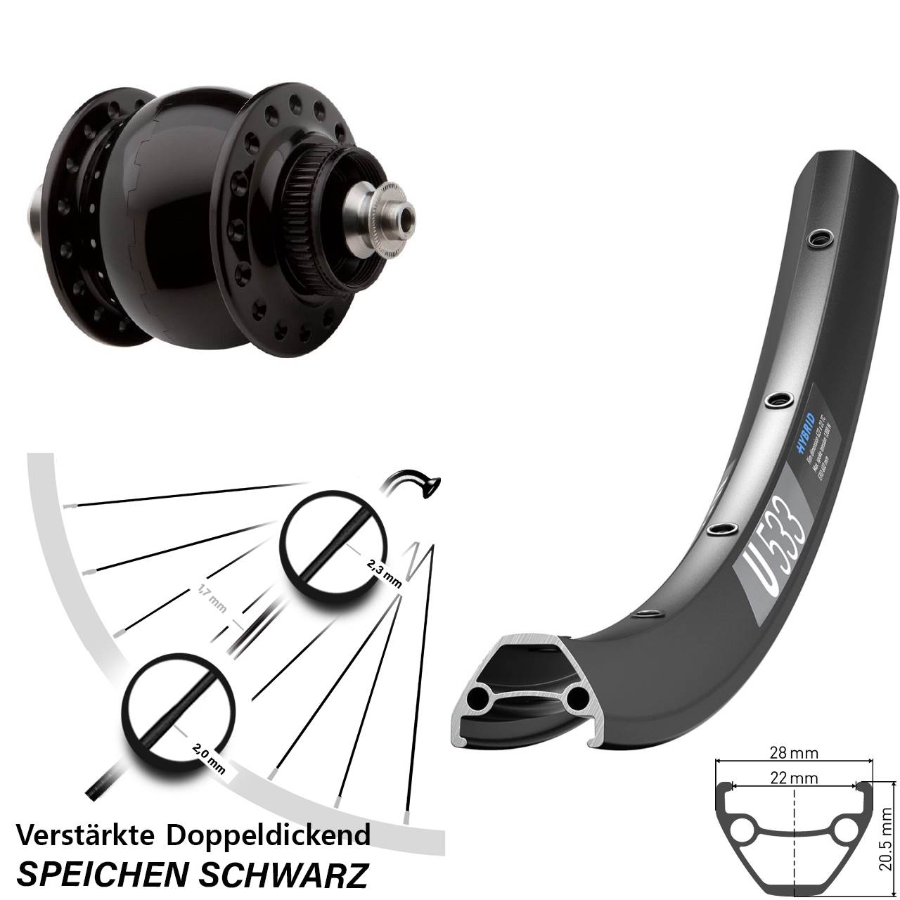 650B DT Swiss U533 SON 28 Nabendynamo-Vorderrad QR