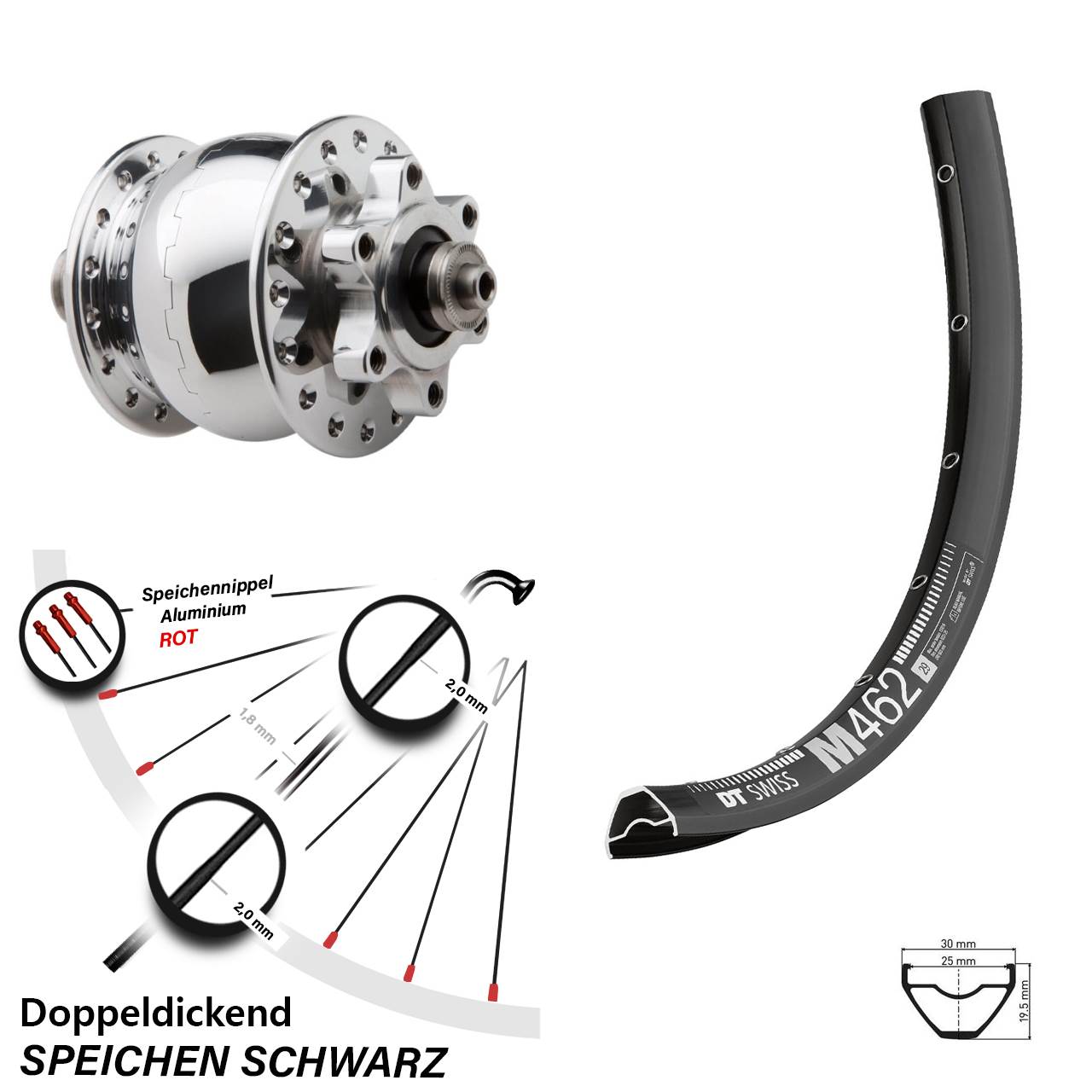 6-Loch Nabendynamovorderrad 27,5 Zoll DT Swiss M 462 SON 28 poliert QR